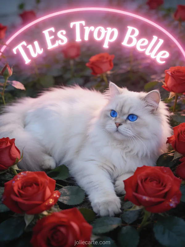 Chat persan blanc aux yeux bleus allongé parmi des roses rouges avec le texte Tu Es Trop Belle
