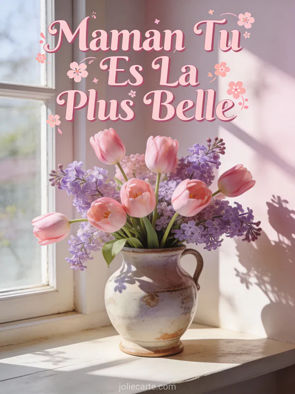 Bouquet de tulipes roses et lilas dans un vase vintage près d'une fenêtre ensoleillée avec le texte Maman Tu Es La Plus Belle