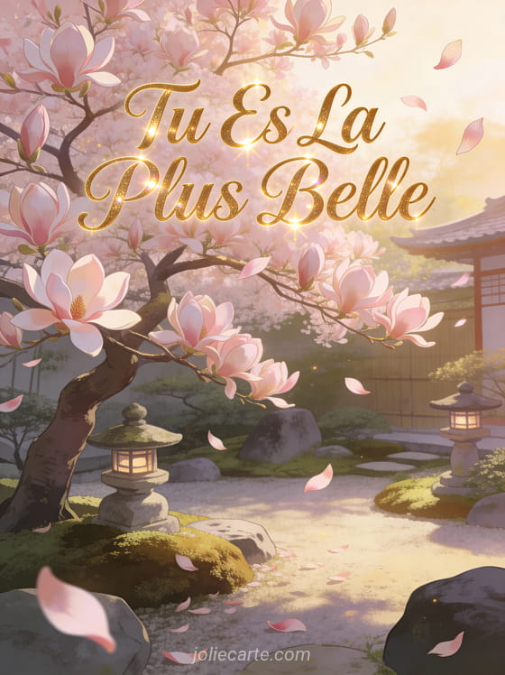 Magnolia en pleine floraison avec pétales rose pâle dans un jardin japonais et le texte Tu Es La Plus Belle