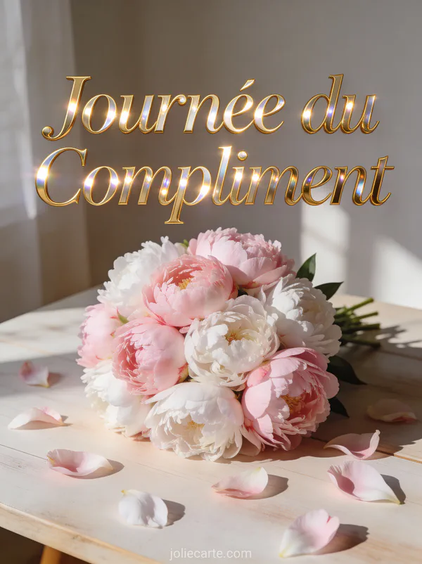 Bouquet de pivoines roses et blanches sur table en bois avec le texte Journée du Compliment en lettres dorées
