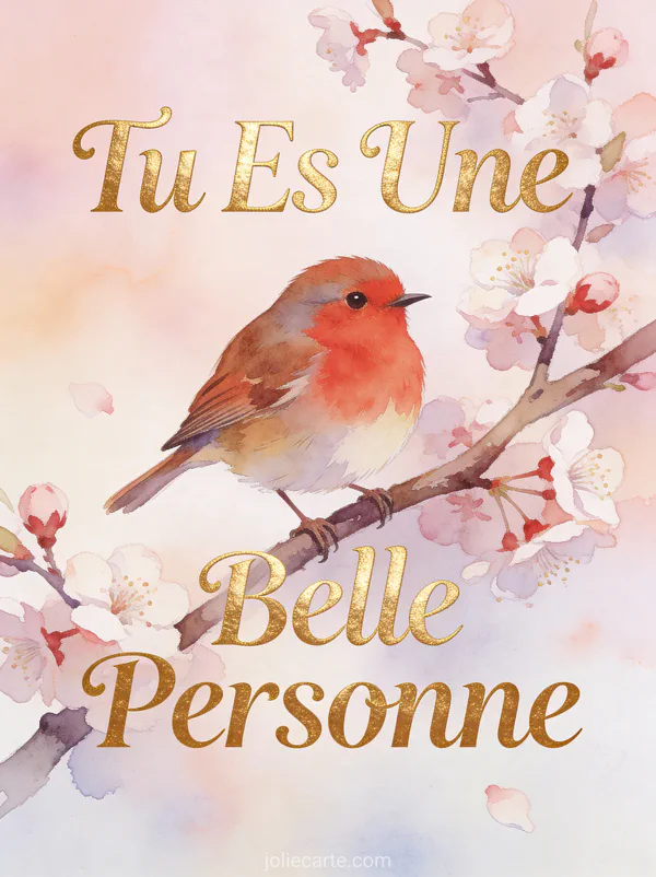 Rouge-gorge perché sur une branche de cerisier en fleurs avec le texte Tu Es Une Belle Personne en lettres dorées