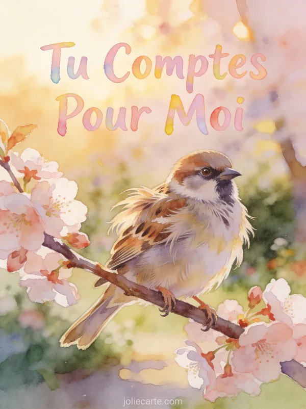 Moineau posé sur une branche de cerisier en fleurs avec le texte Petit Mot Gentil en lettres aquarelle pastel