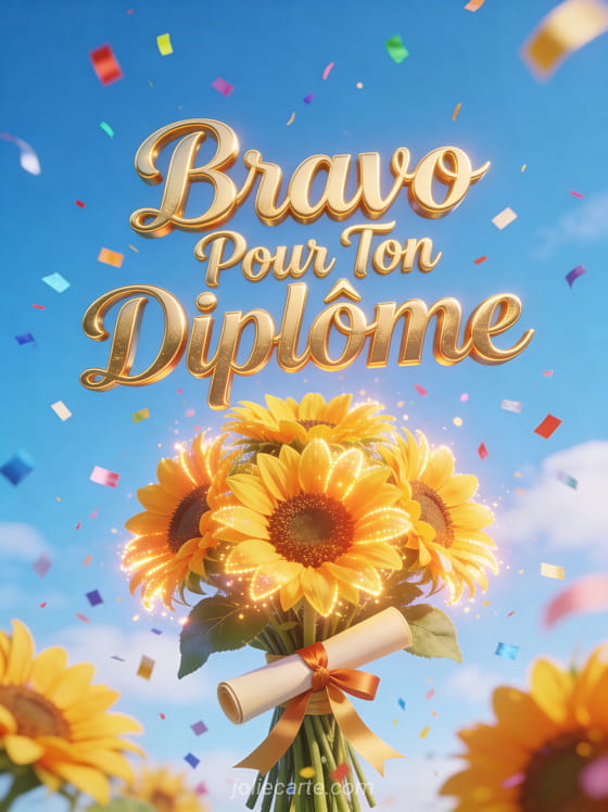 Bouquet de tournesols avec ruban de diplôme et confettis colorés avec le texte Bravo Pour Ton Diplôme