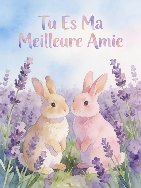 Deux petits lapins côte à côte dans un champ de lavande avec le texte Tu Es Ma Meilleure Amie