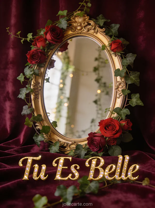 Miroir ancien ovale entouré de roses rouges et de lierre avec le texte Tu Es Belle en lettres dorées scintillantes