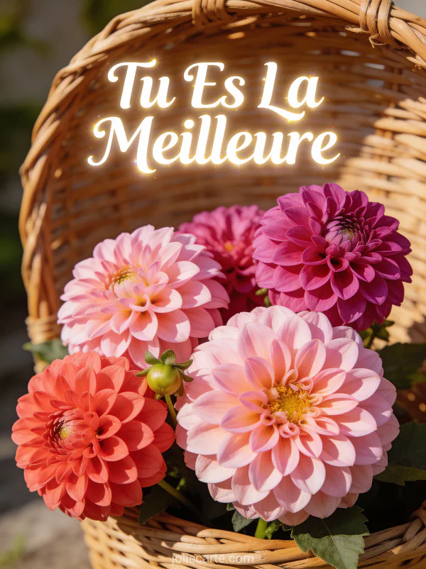Bouquet de dahlias rose fuchsia et corail dans un panier en osier avec le texte Tu Es La Meilleure