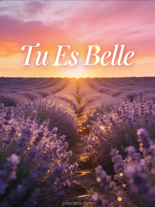 Champ de lavande au coucher du soleil avec ciel rosé et le texte Tu Es Belle en lettres blanches élégantes