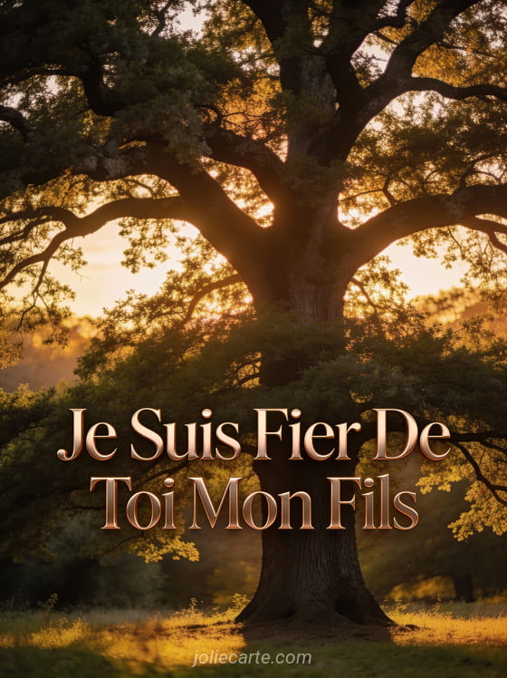 Chêne majestueux baigné dans une lumière dorée de coucher de soleil avec le texte Je Suis Fier De Toi Mon Fils