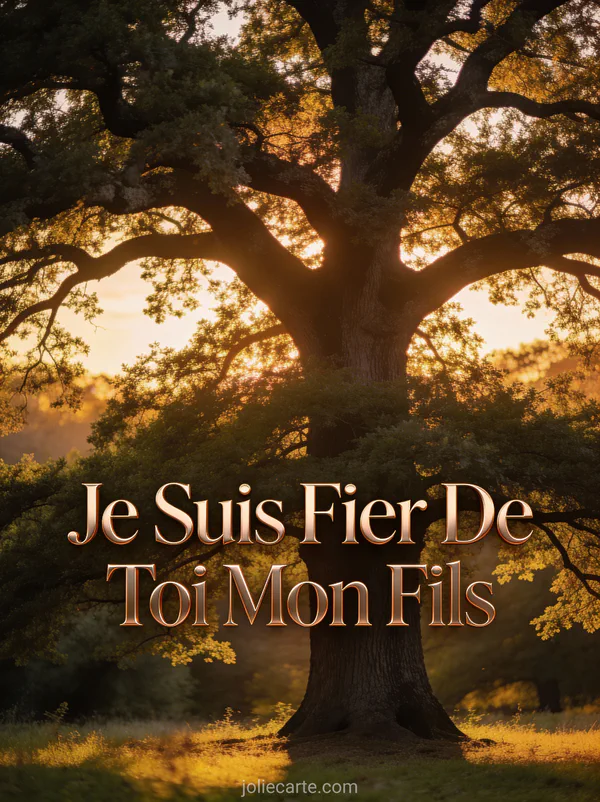 Chêne majestueux baigné dans une lumière dorée de coucher de soleil avec le texte Je Suis Fier De Toi Mon Fils