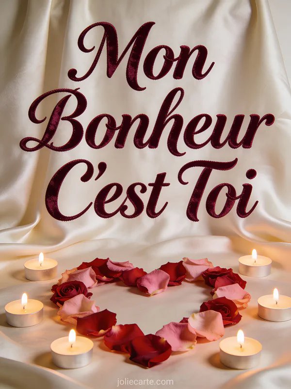 Cœur formé de pétales de roses rouges et roses sur soie ivoire avec bougies et le texte Compliment