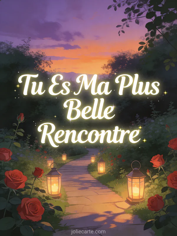 Chemin bordé de lanternes et de roses dans un jardin au crépuscule avec le texte Tu Es Ma Plus Belle Rencontre