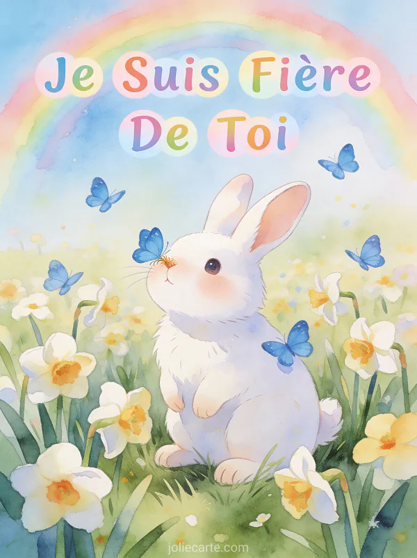 Lapin blanc dans un champ de pâquerettes avec papillons bleus et le texte Mot Gentil en lettres colorées