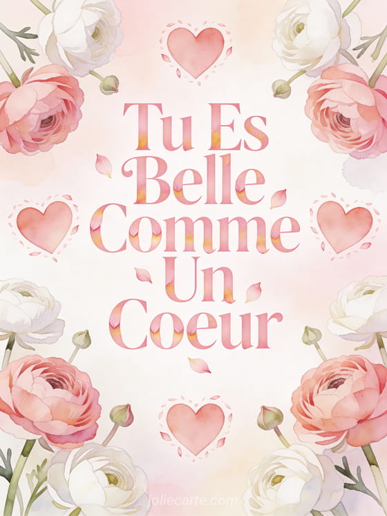 Cœurs en aquarelle entourés de renoncules roses et blanches avec le texte Tu Es Belle Comme Un Cœur