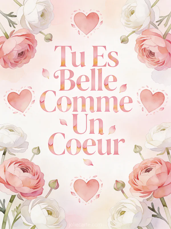 Cœurs en aquarelle entourés de renoncules roses et blanches avec le texte Tu Es Belle Comme Un Cœur