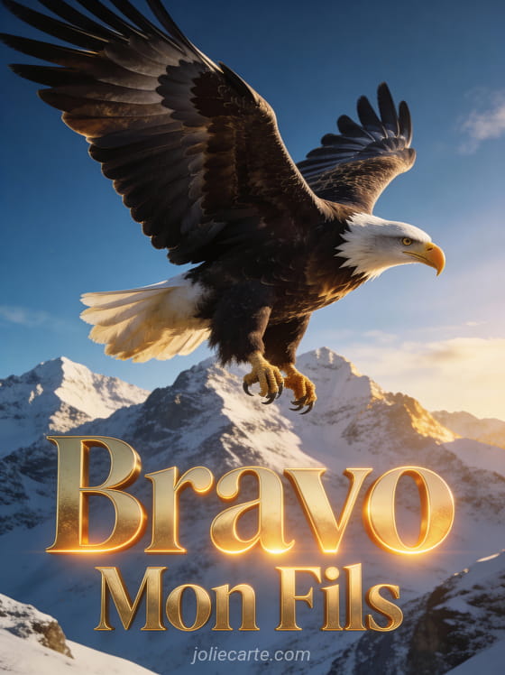 Aigle royal planant au-dessus de montagnes enneigées dans un ciel bleu avec le texte Bravo Mon Fils