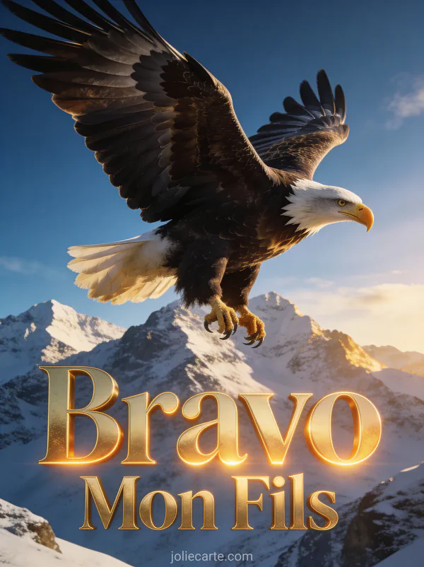 Aigle royal planant au-dessus de montagnes enneigées dans un ciel bleu avec le texte Bravo Mon Fils