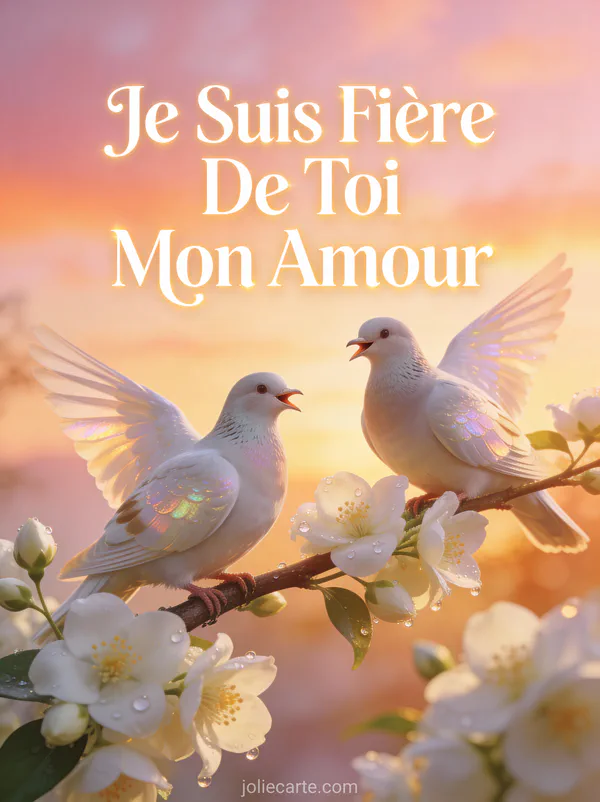 Deux colombes sur une branche de jasmin au lever du soleil avec le texte Je Suis Fière De Toi Mon Amour