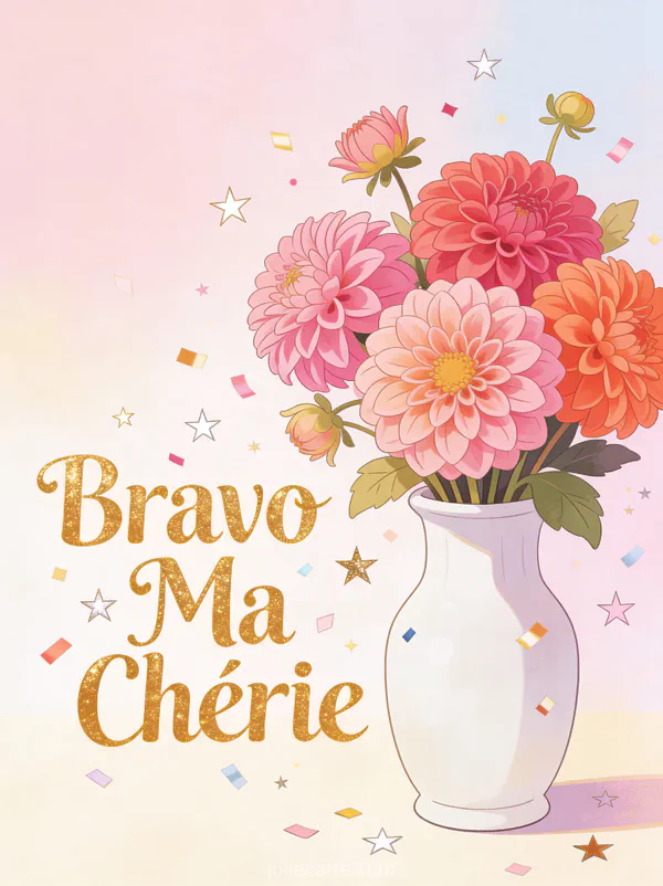 Bouquet de dahlias roses et corail dans un vase blanc avec confettis et le texte Bravo Ma Chérie en lettres dorées