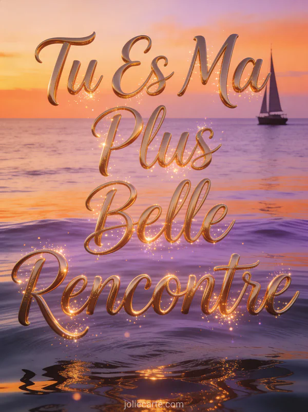 Coucher de soleil sur la mer avec reflets orangés et violets et voilier au loin avec le texte Tu Es Ma Plus Belle Rencontre