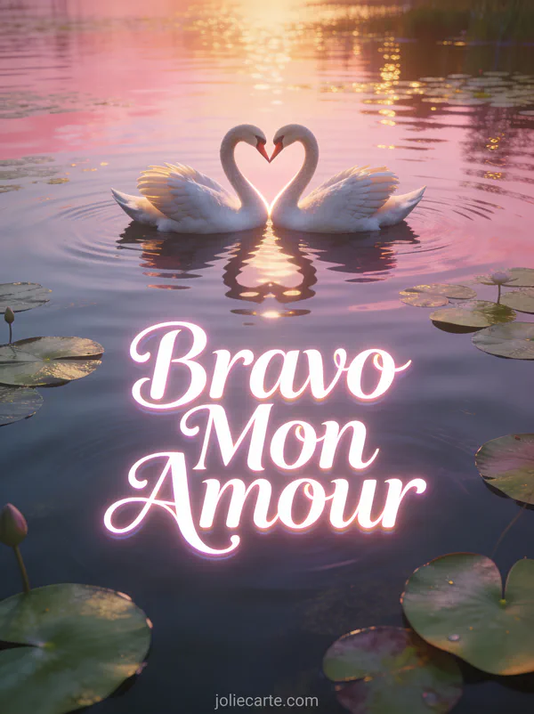 Deux cygnes formant un cœur sur un lac au crépuscule avec reflets dorés et le texte Bravo Mon Amour
