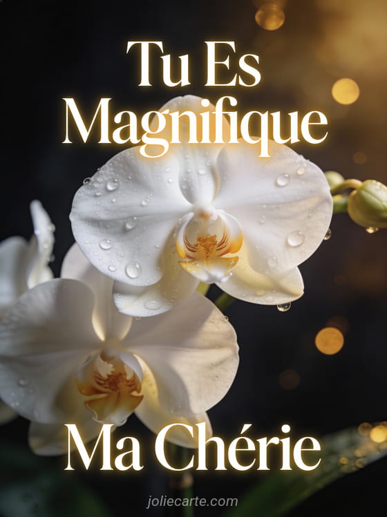 Orchidée blanche avec gouttelettes de rosée sur fond sombre et bokeh doré avec le texte Tu Es Magnifique Ma Chérie