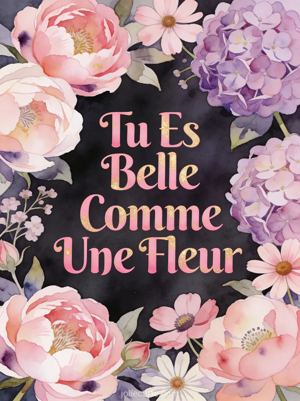 Composition florale aquarelle de pivoines hortensias et cosmos roses et mauves avec le texte Tu Es Belle Comme Une Fleur