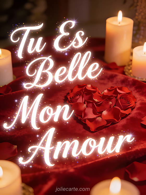 Cœur formé de pétales de roses rouges sur velours avec bougies et le texte Tu Es Belle Mon Amour