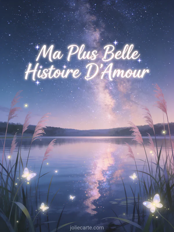 Ciel nocturne étoilé avec voie lactée reflétée dans un lac calme et lucioles avec le texte Ma Plus Belle Histoire D'Amour