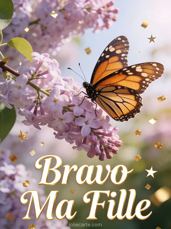 Papillon monarque posé sur une branche de lilas en fleurs avec confettis dorés et le texte Bravo Ma Fille