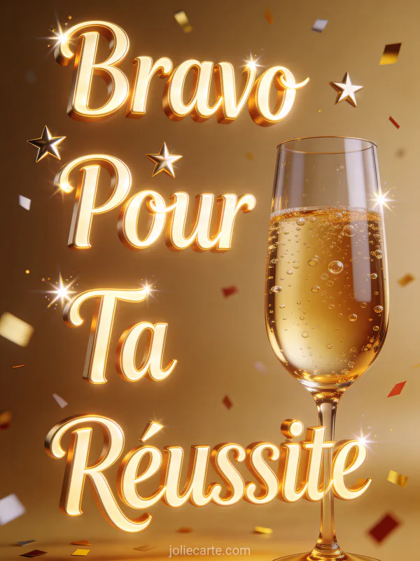 Coupe de champagne dorée avec bulles et confettis sur fond festif avec le texte Bravo Pour Ta Réussite