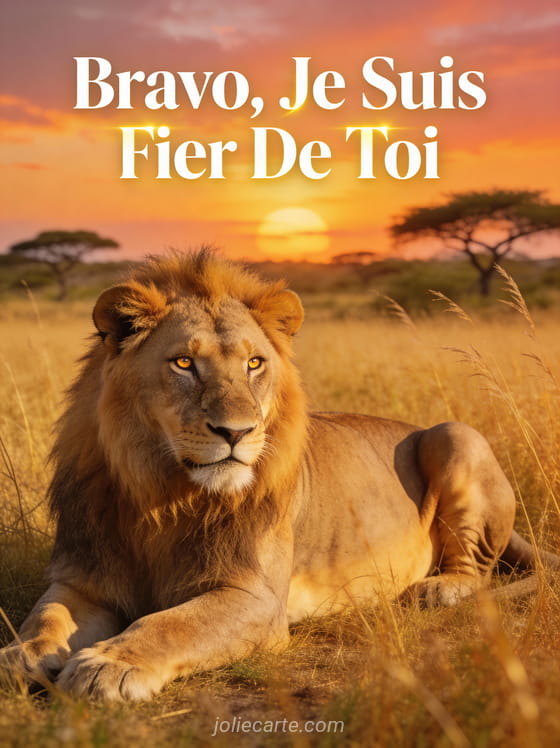 Lion majestueux couché dans une savane dorée au coucher du soleil avec le texte Bravo Je Suis Fier De Toi