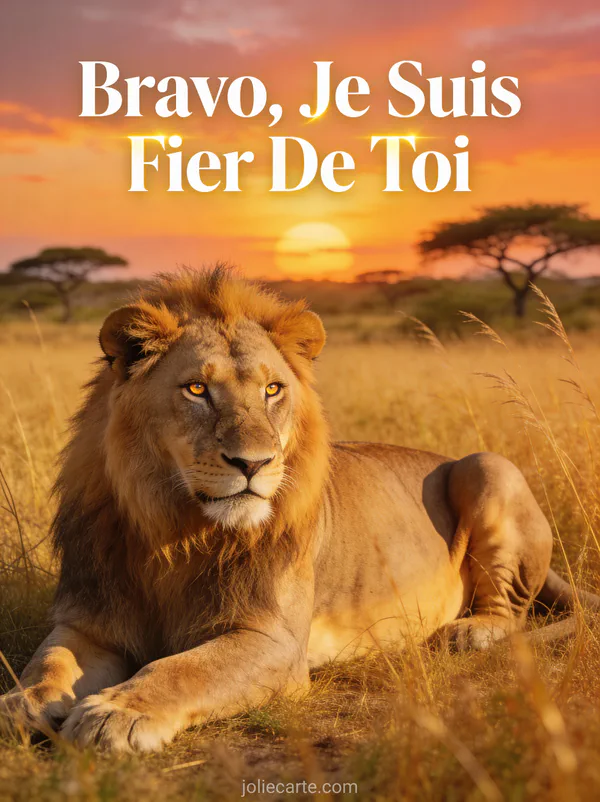 Lion majestueux couché dans une savane dorée au coucher du soleil avec le texte Bravo Je Suis Fier De Toi