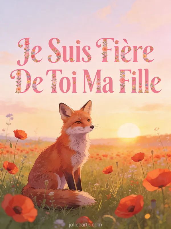 Renard roux assis dans une prairie de coquelicots au soleil couchant avec le texte Je Suis Fière De Toi Ma Fille
