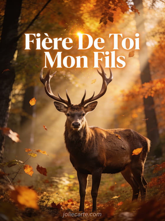 Cerf majestueux dans une forêt d'automne avec rayons de lumière dorée et le texte Fière De Toi Mon Fils