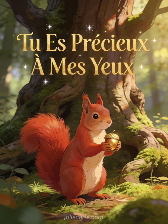 Écureuil roux tenant un gland doré au pied d'un arbre centenaire en sous-bois avec le texte Tu Es Précieux À Mes Yeux