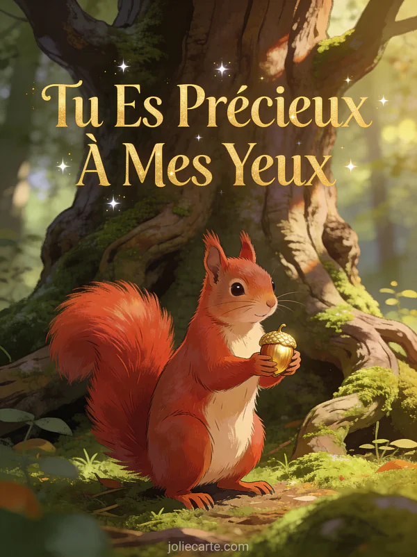 Écureuil roux tenant un gland doré au pied d'un arbre centenaire en sous-bois avec le texte Tu Es Précieux À Mes Yeux
