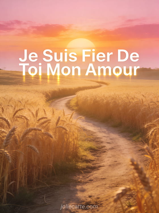 Lever de soleil sur un champ de blé doré avec chemin sinueux et ciel rose et le texte Je Suis Fier De Toi Mon Amour