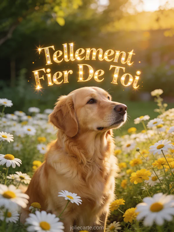 Golden retriever au regard doux assis dans un jardin de marguerites en lumière dorée avec le texte Tellement Fier De Toi