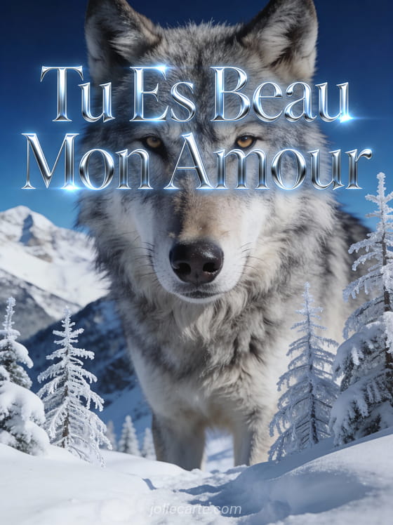 Loup gris au regard intense dans un paysage de montagne enneigée avec sapins givrés et le texte Tu Es Beau Mon Amour