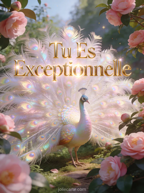Paon aux plumes iridescentes déployées dans un jardin de camélias roses avec le texte Tu Es Exceptionnelle