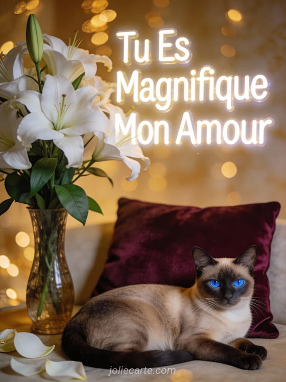 Chat siamois aux yeux bleus sur coussin bordeaux près d'un vase de lys blancs avec le texte Tu Es Magnifique Mon Amour