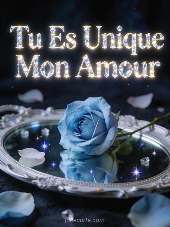 Rose bleue unique posée sur un miroir avec reflets étoilés et pétales épars avec le texte Tu Es Unique Mon Amour