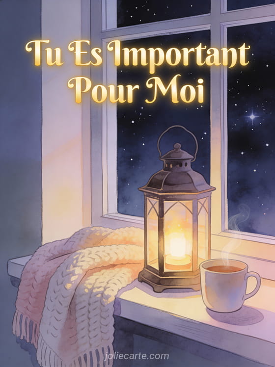 Lanterne ancienne allumée sur rebord de fenêtre avec nuit étoilée plaid et tasse fumante avec le texte Tu Es Important Pour Moi