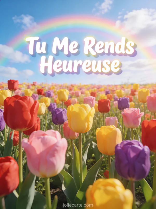 Champ de tulipes multicolores sous un arc-en-ciel avec ciel bleu et le texte Tu Me Rends Heureuse