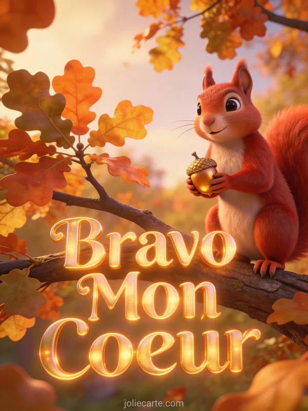 Écureuil roux fier sur une branche de chêne avec feuilles dorées et le texte Bravo Mon Cœur en lettres lumineuses