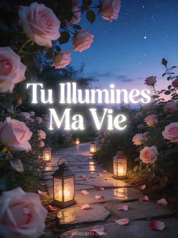 Chemin de lanternes allumées dans un jardin de roses au crépuscule avec le texte Tu Illumines Ma Vie