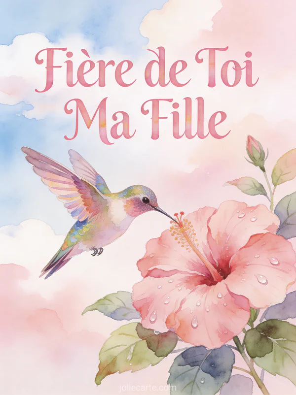 Colibri aux plumes irisées butinant un hibiscus rose avec rosée et le texte Fière de Toi Ma Fille