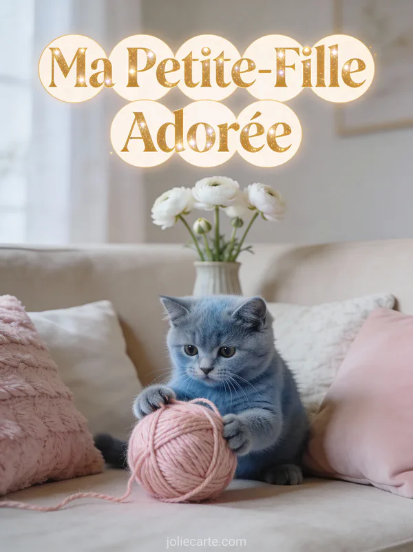 Chaton british shorthair gris jouant avec une pelote rose sur des coussins avec le texte Ma Petite-Fille Adorée