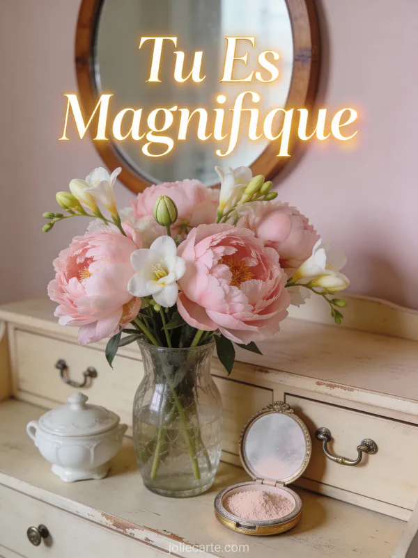 Bouquet de pivoines roses et freesias blancs sur une coiffeuse vintage avec le texte Tu Es Magnifique