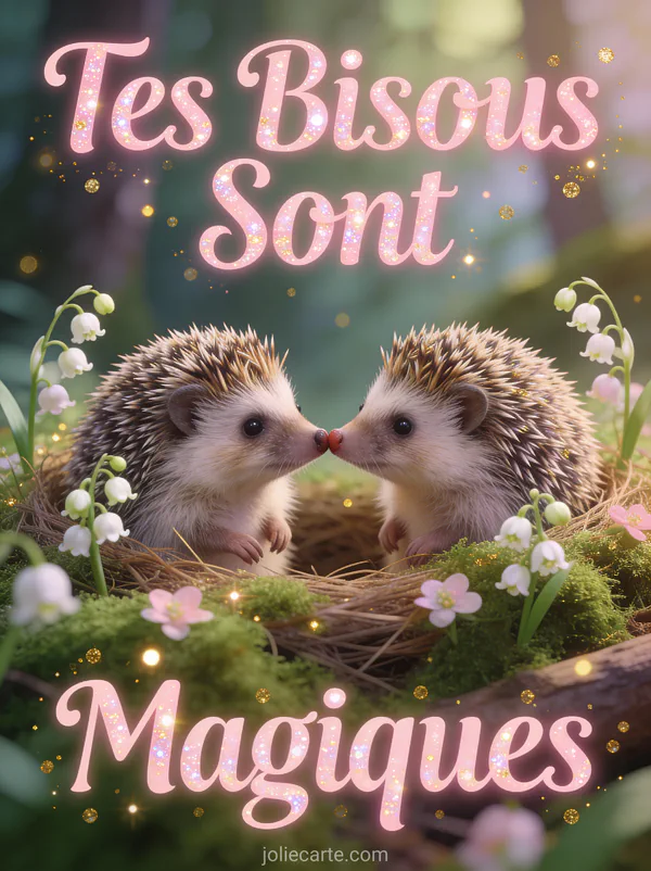 Deux hérissons nez contre nez dans un nid de mousse et muguet avec le texte Tes Bisous Sont Magiques